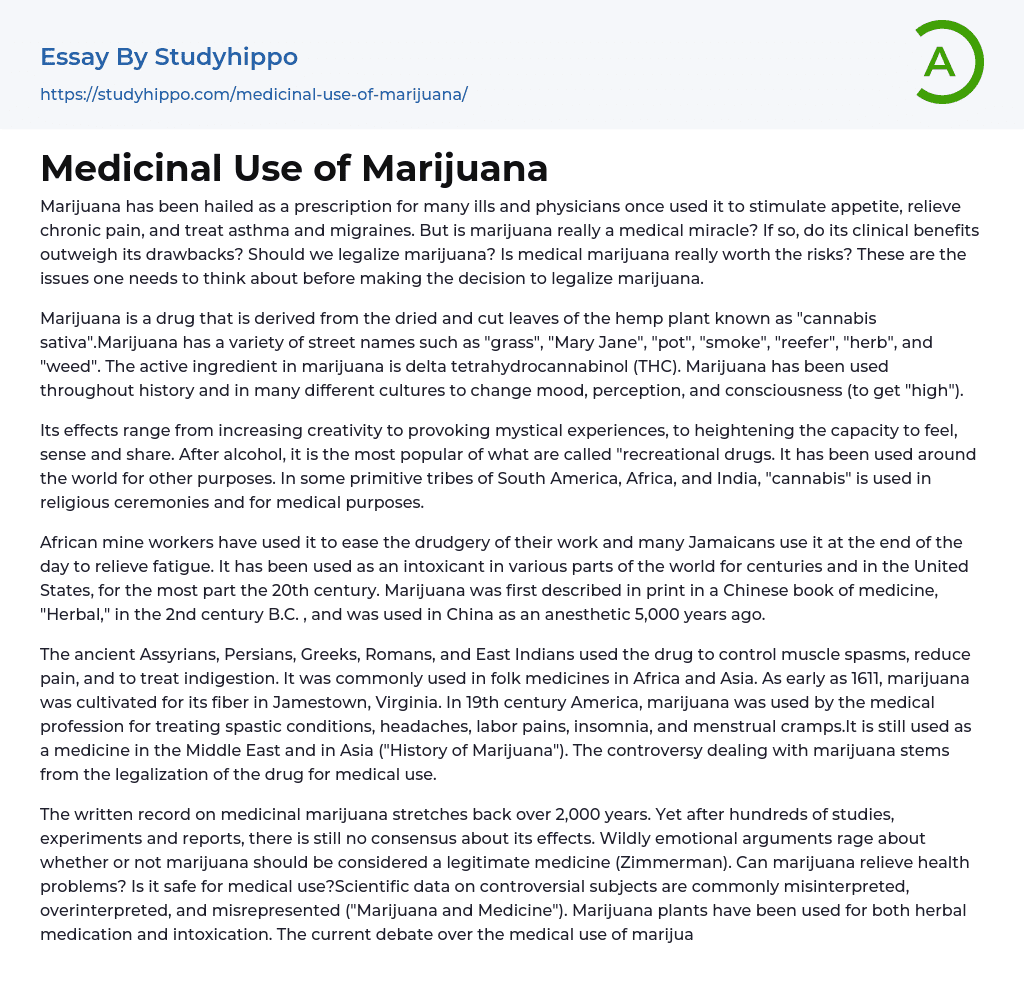 Medicinal Use of Marijuana Essay Example