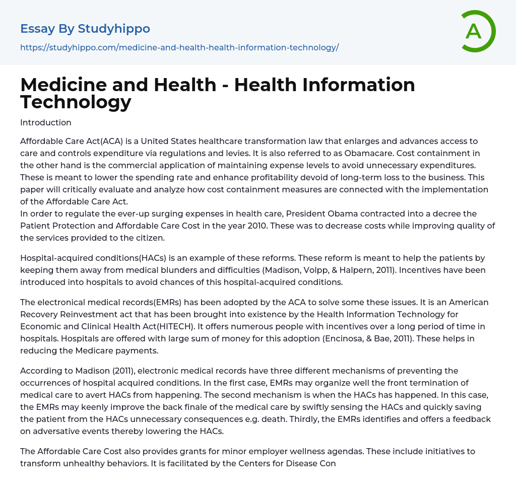 Medicine and Health – Health Information Technology Essay Example