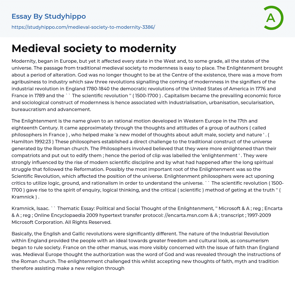 Medieval society to modernity Essay Example