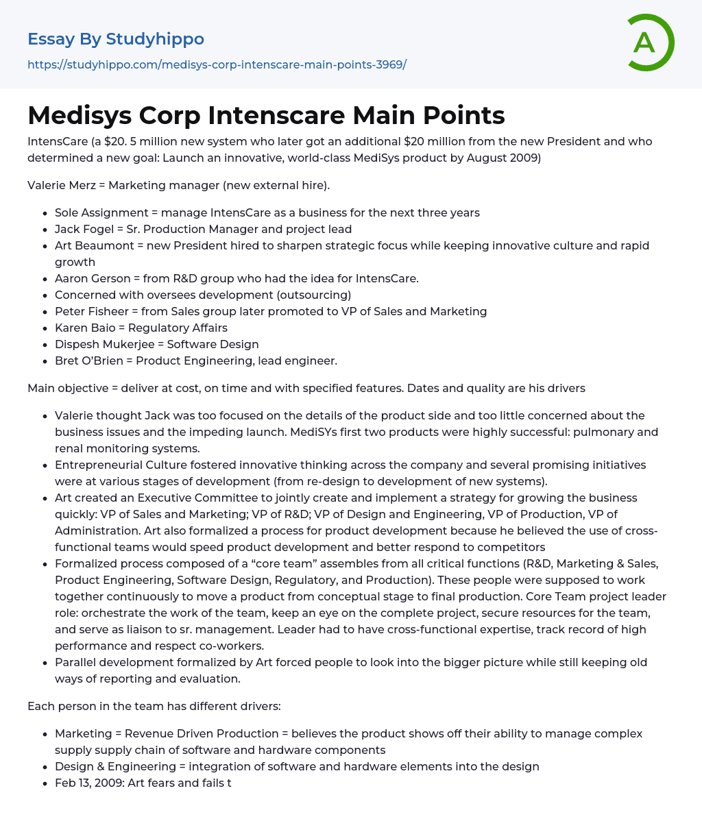 Medisys Corp Intenscare Main Points Essay Example