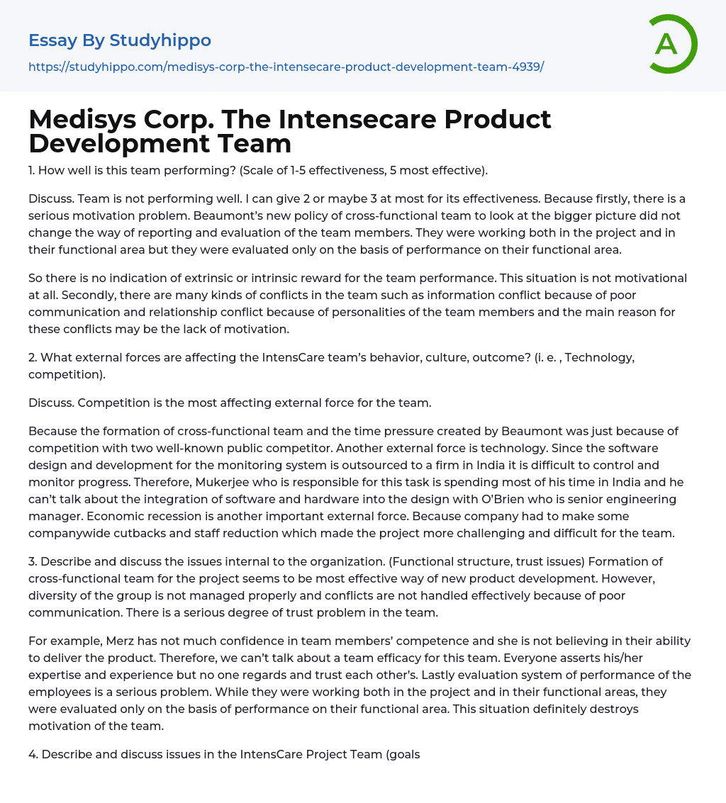 Medisys Corp. The Intensecare Product Development Team Essay Example