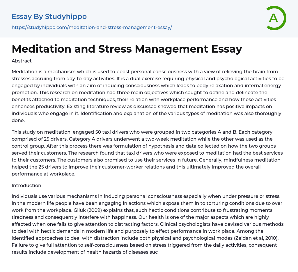 Meditation and Stress Management Essay