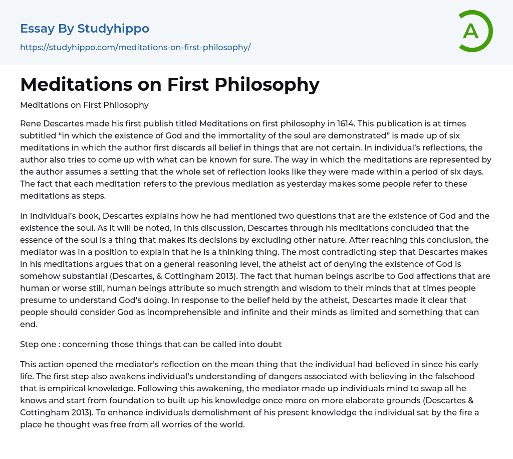 Meditations on First Philosophy Essay Example