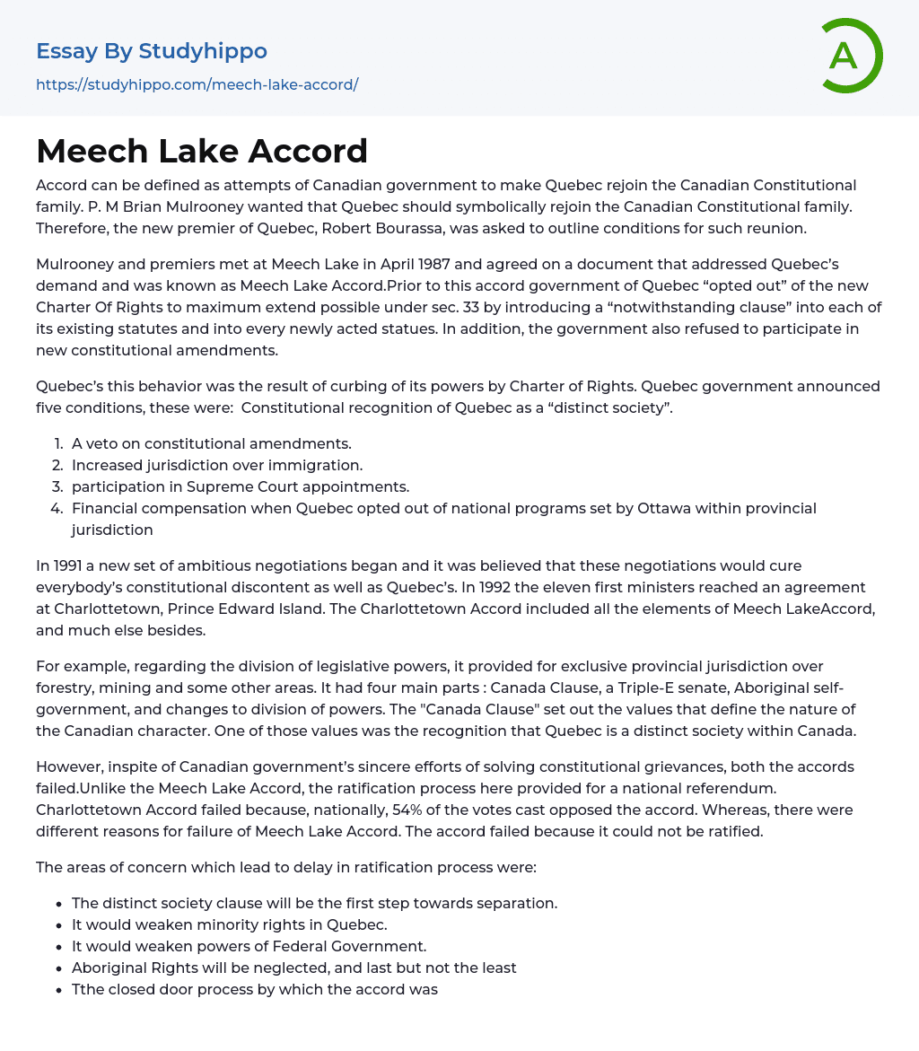 Meech Lake Accord Essay Example