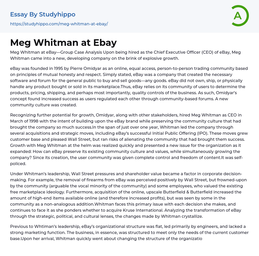 Meg Whitman at Ebay Essay Example