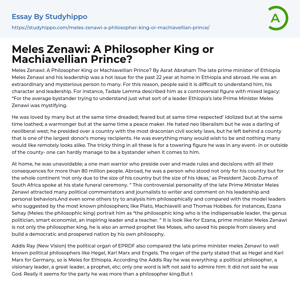 Meles Zenawi: A Philosopher King or Machiavellian Prince? Essay Example