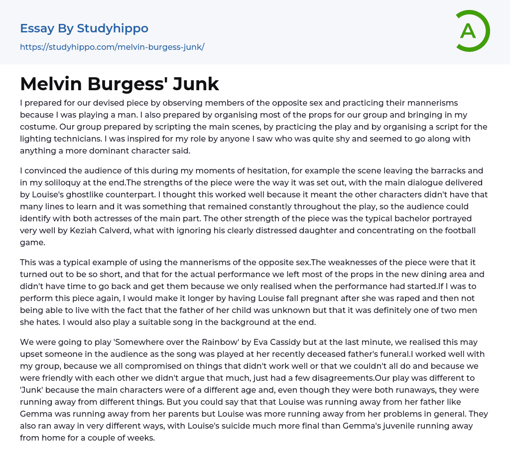 Melvin Burgess’ Junk Essay Example