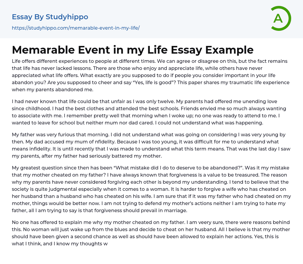 Memarable Event in my Life Essay Example