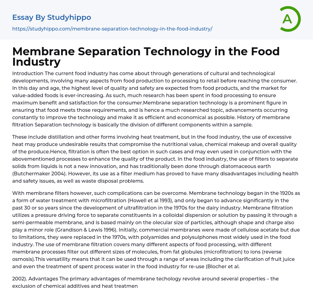 Membrane Separation Technology in the Food Industry Essay Example