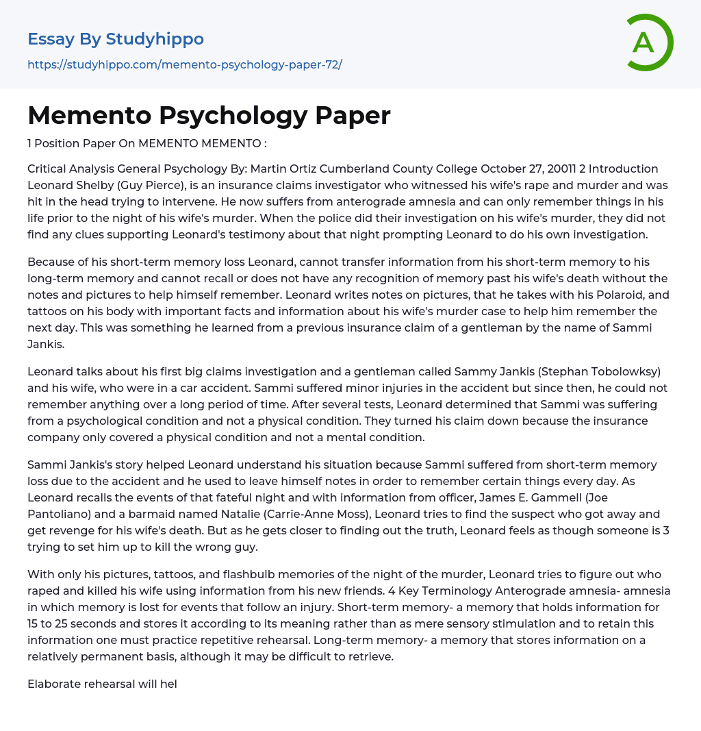 Memento Psychology Paper Essay Example