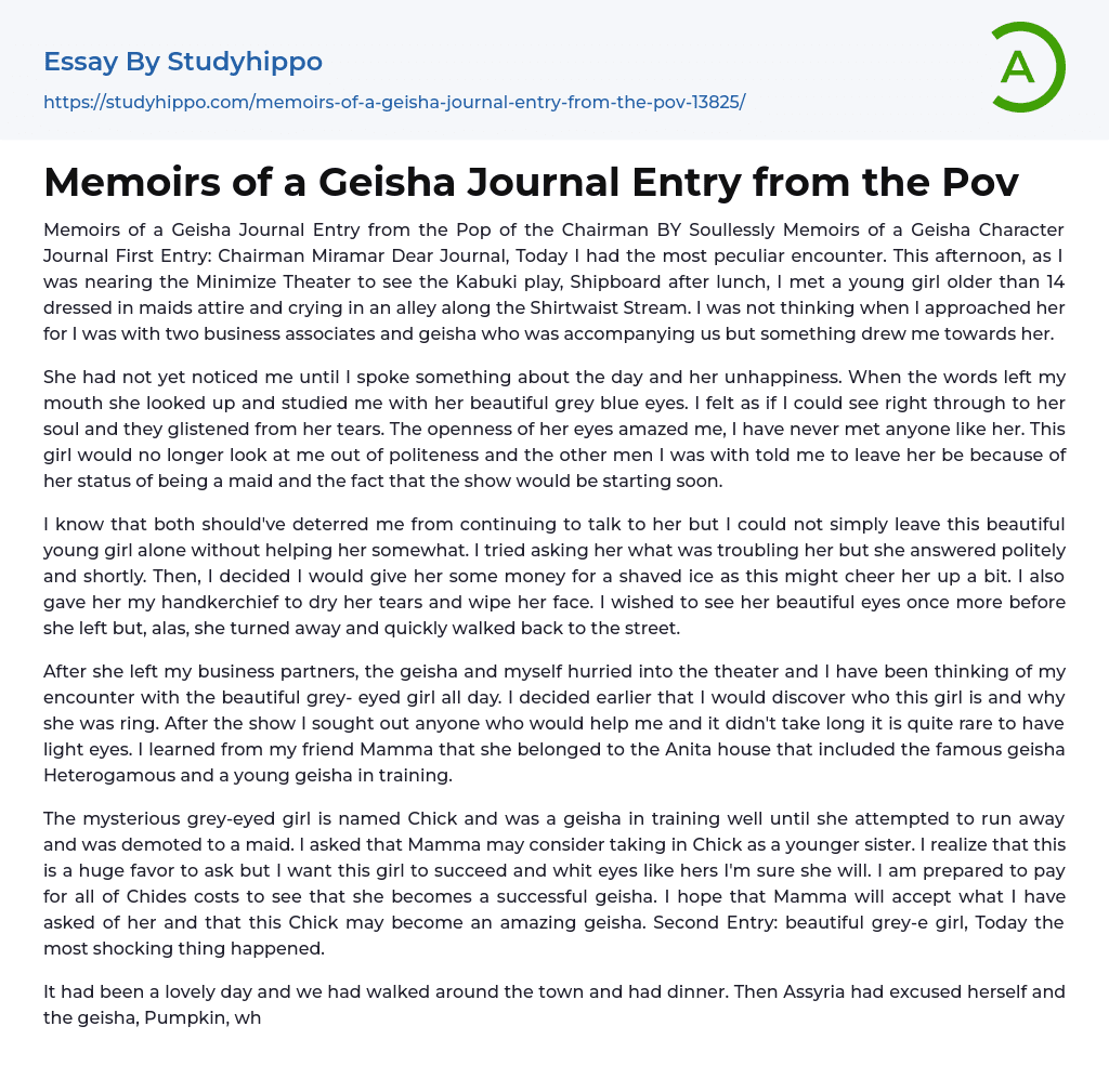 Memoirs of a Geisha Journal Entry from the Pov Essay Example