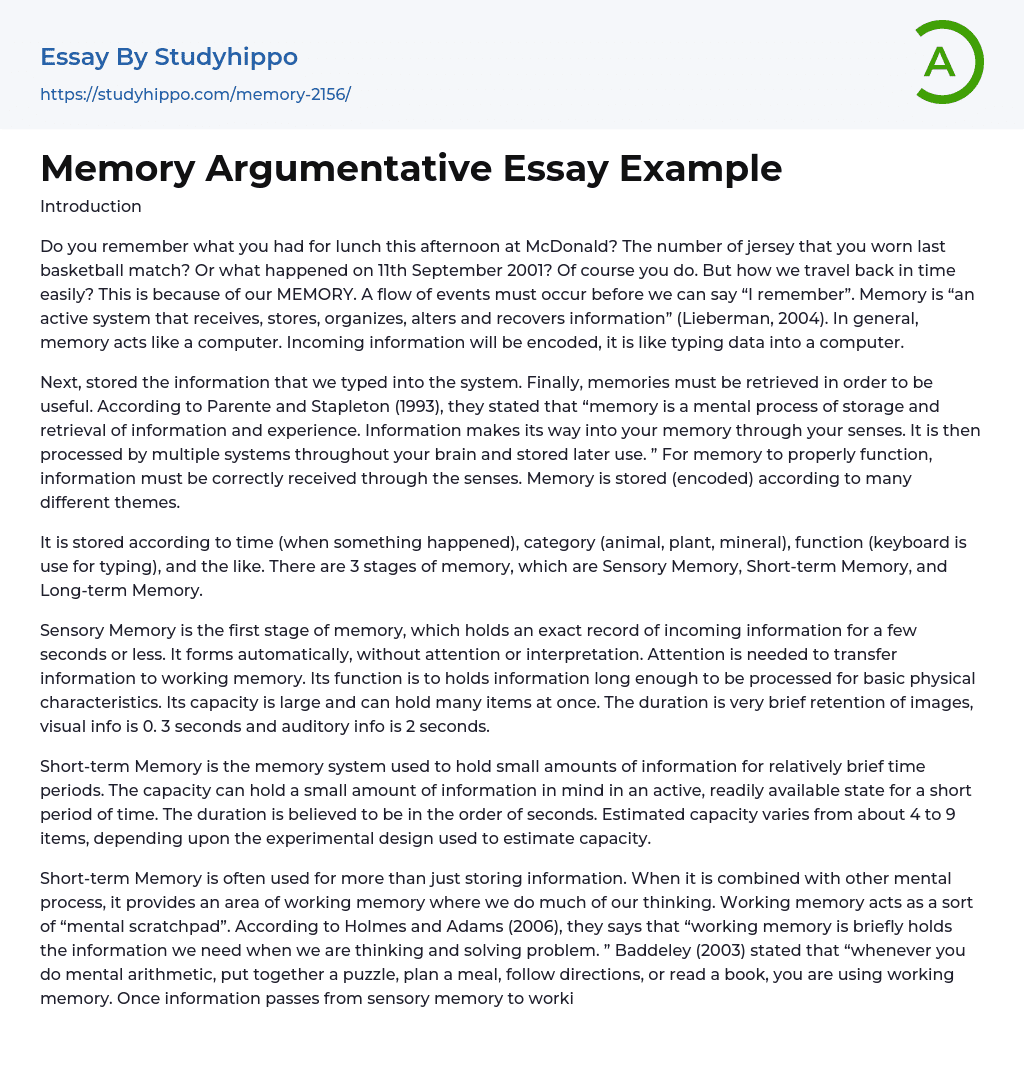 Memory Argumentative Essay Example