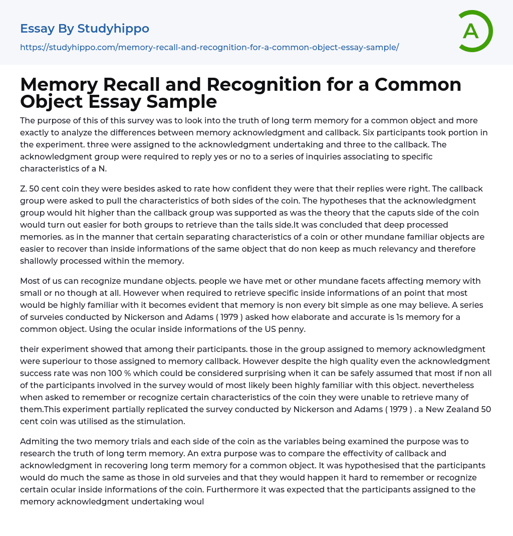 Memory Recall and Recognition for a Common Object Essay Sample