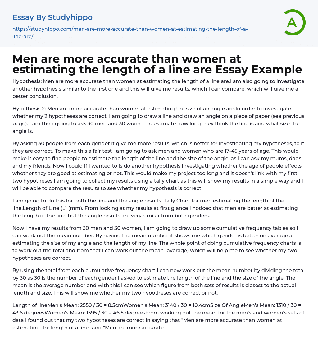 Men are more accurate than women at estimating the length of a line are Essay Example