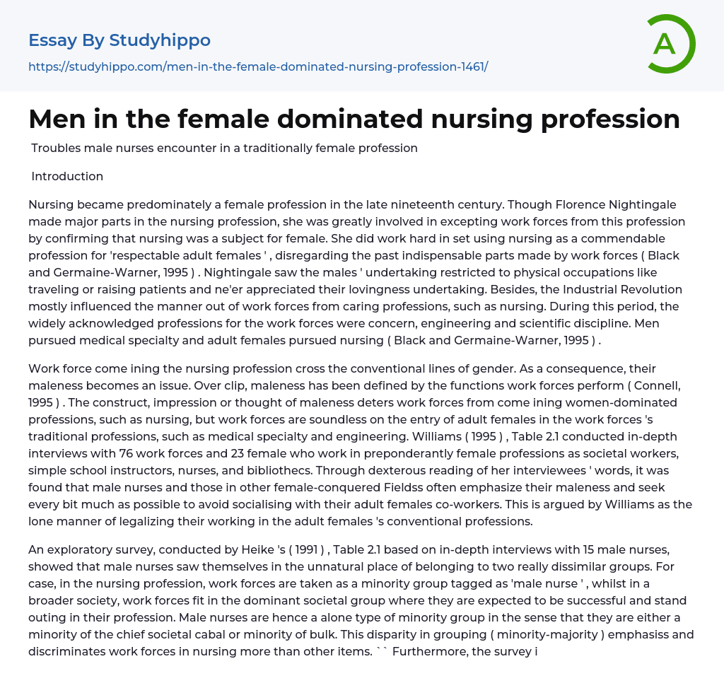 Men in the female dominated nursing profession Essay Example