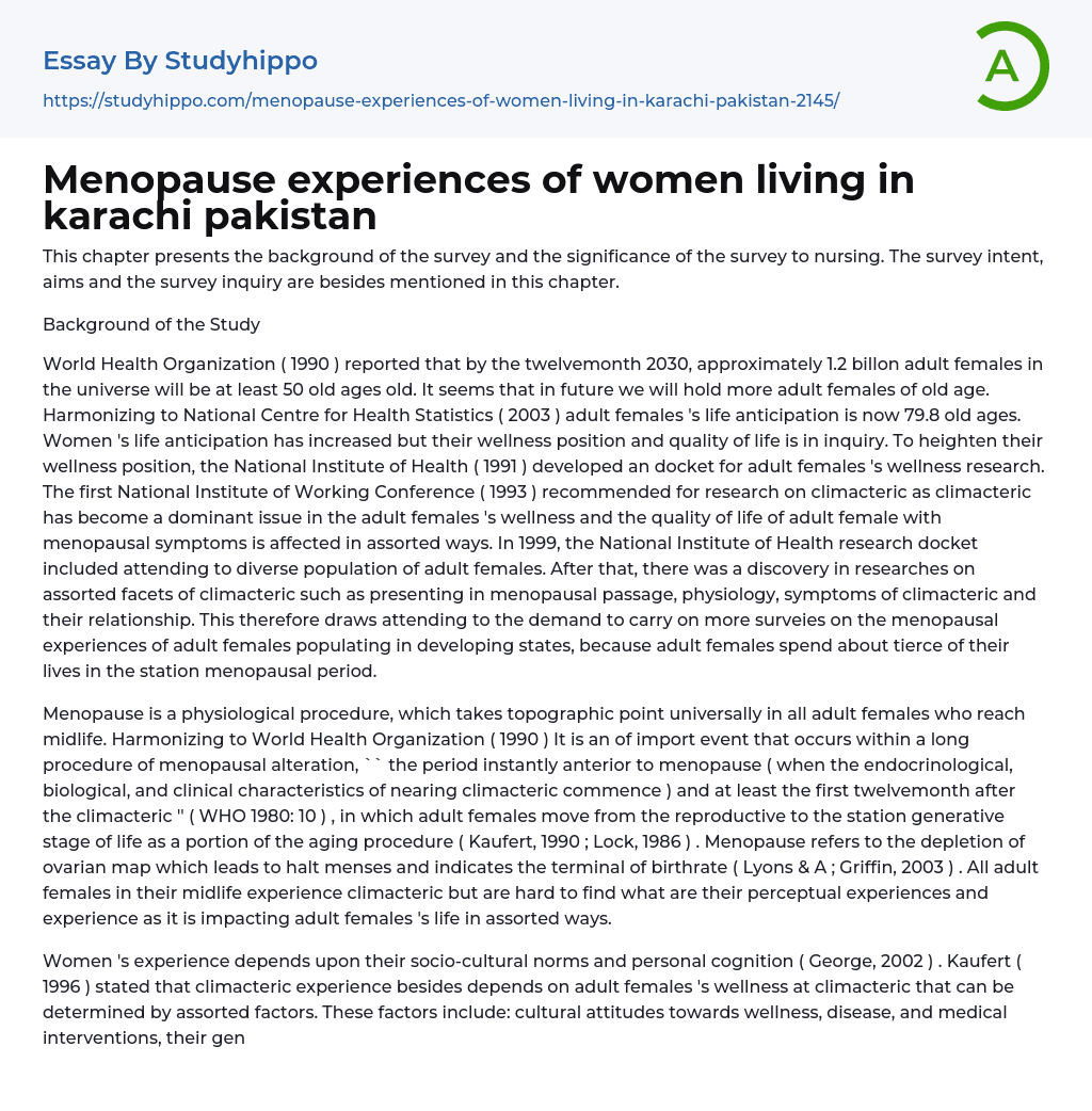 Menopause experiences of women living in karachi pakistan Essay Example