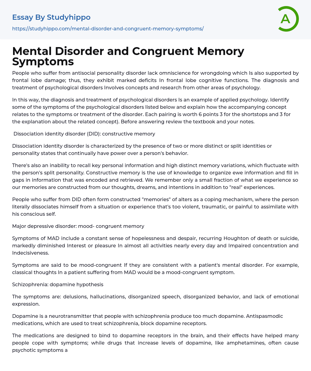 Mental Disorder and Congruent Memory Symptoms Essay Example