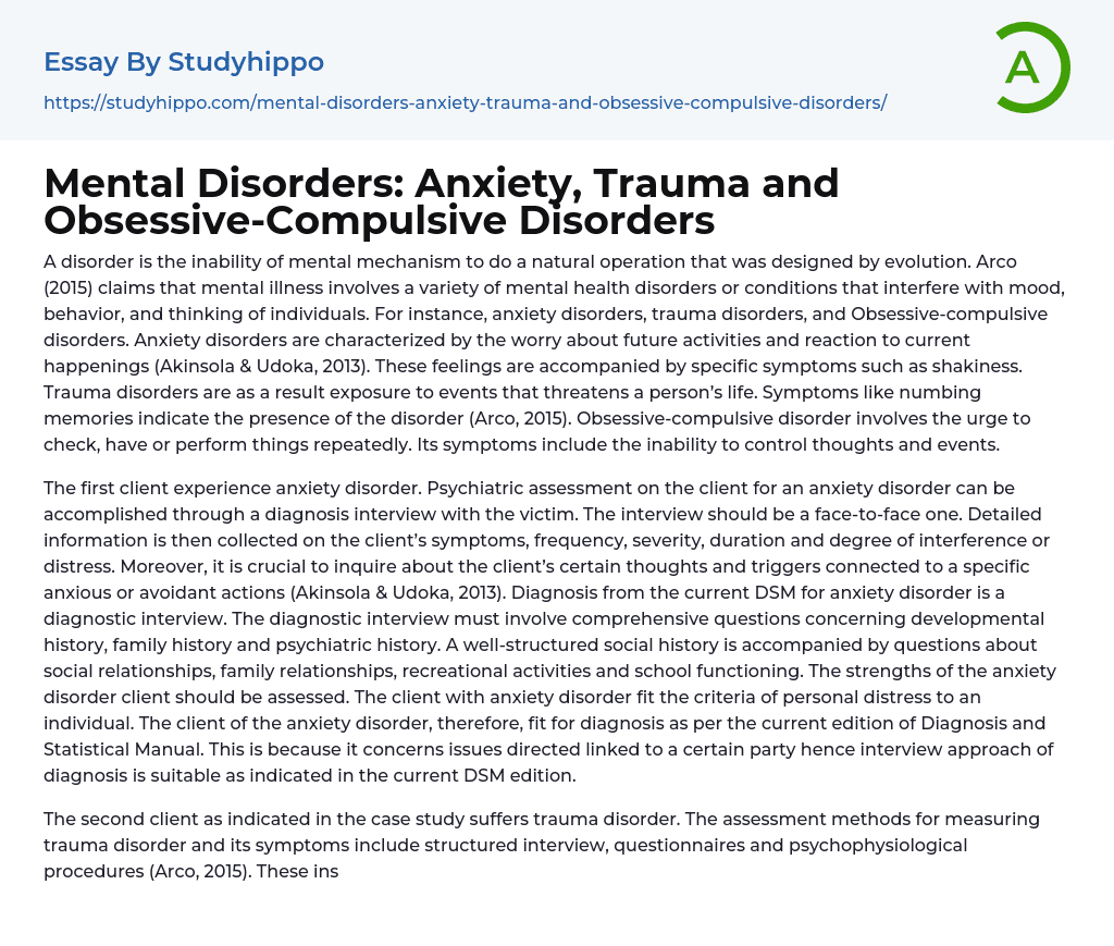 Mental Disorders: Anxiety, Trauma and Obsessive-Compulsive Disorders Essay Example