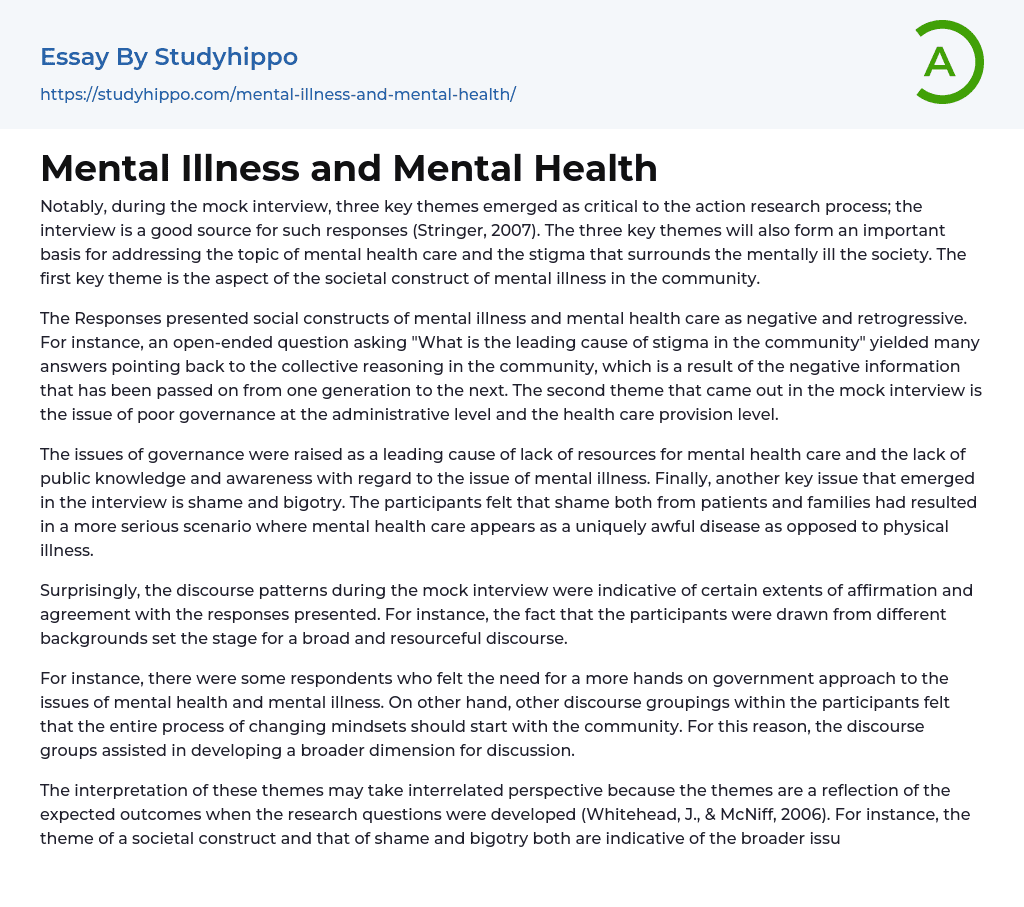 Mental Illness and Mental Health Essay Example