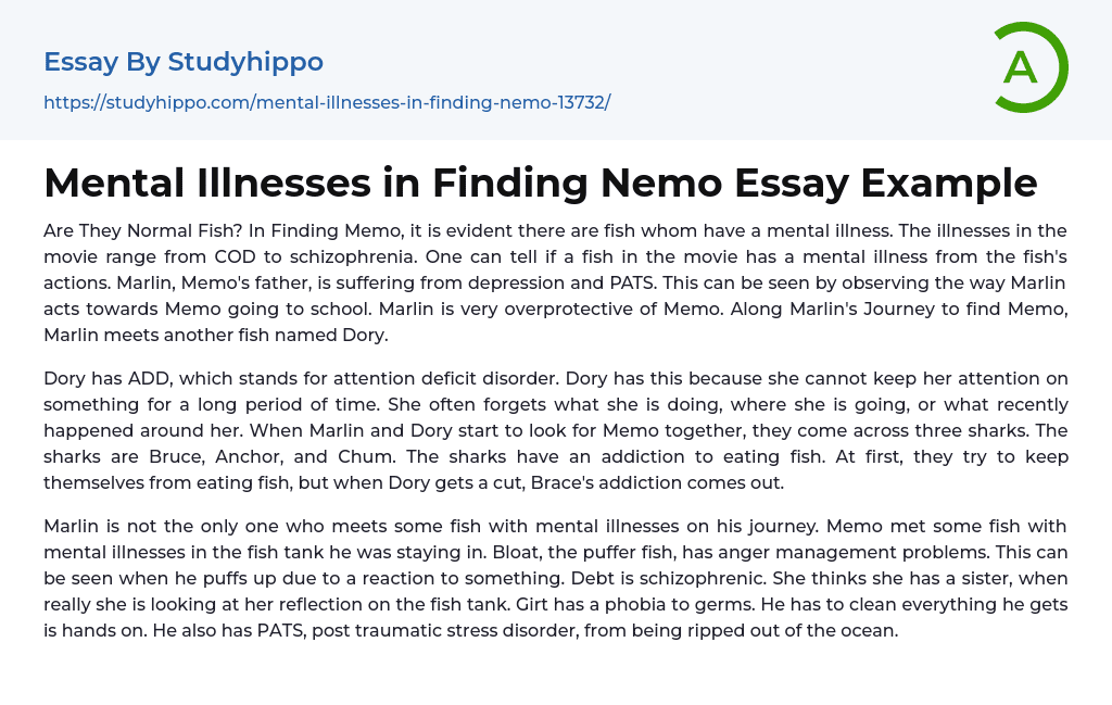 Mental Illnesses in Finding Nemo Essay Example
