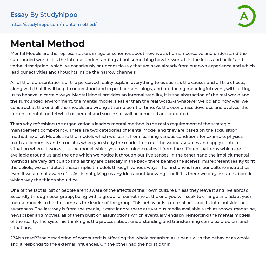 Mental Method Essay Example