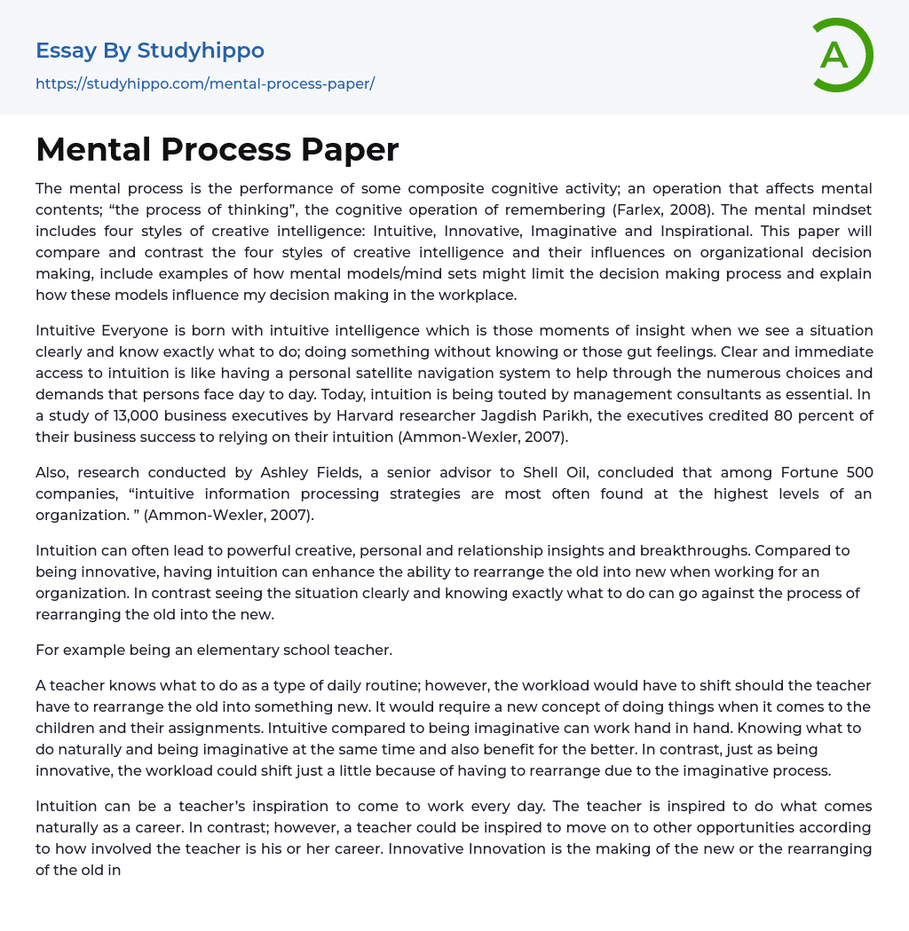 Mental Process Paper Essay Example