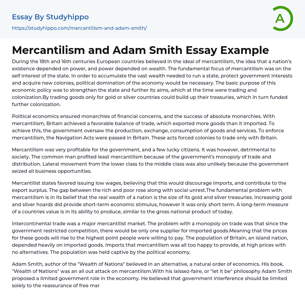 Mercantilism and Adam Smith Essay Example