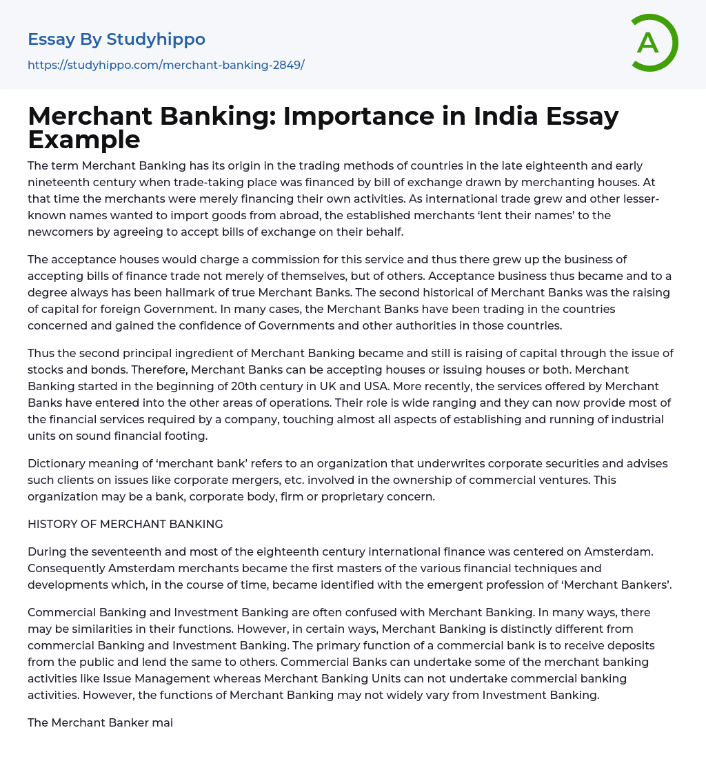 Merchant Banking: Importance in India Essay Example