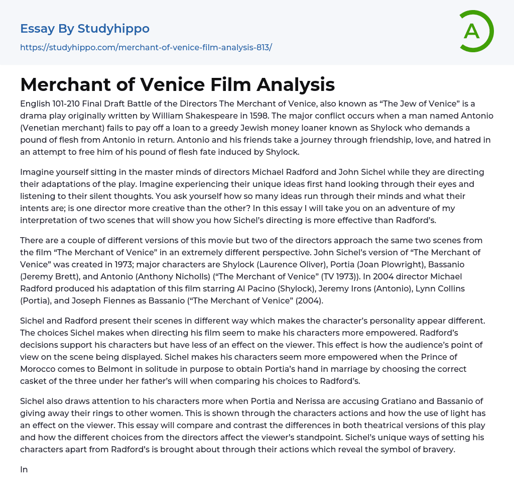 Merchant of Venice Film Analysis Essay Example