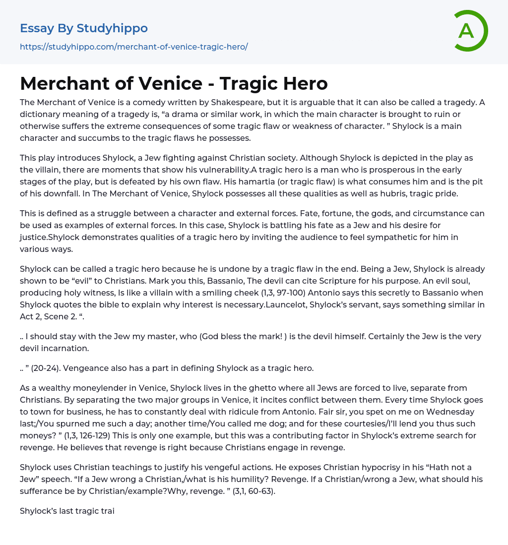 Merchant of Venice – Tragic Hero Essay Example