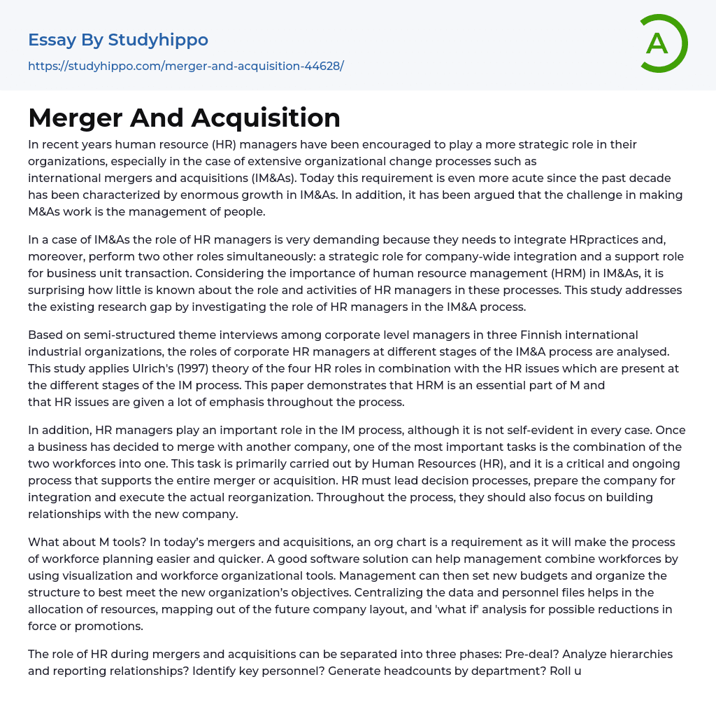 Merger And Acquisition Essay Example
