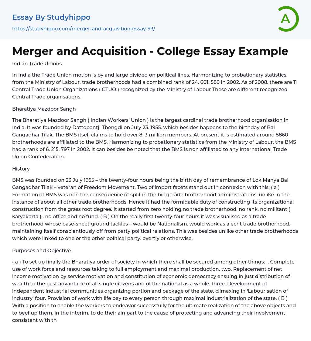 Merger and Acquisition – College Essay Example
