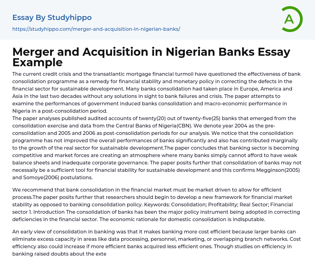 Merger and Acquisition in Nigerian Banks Essay Example