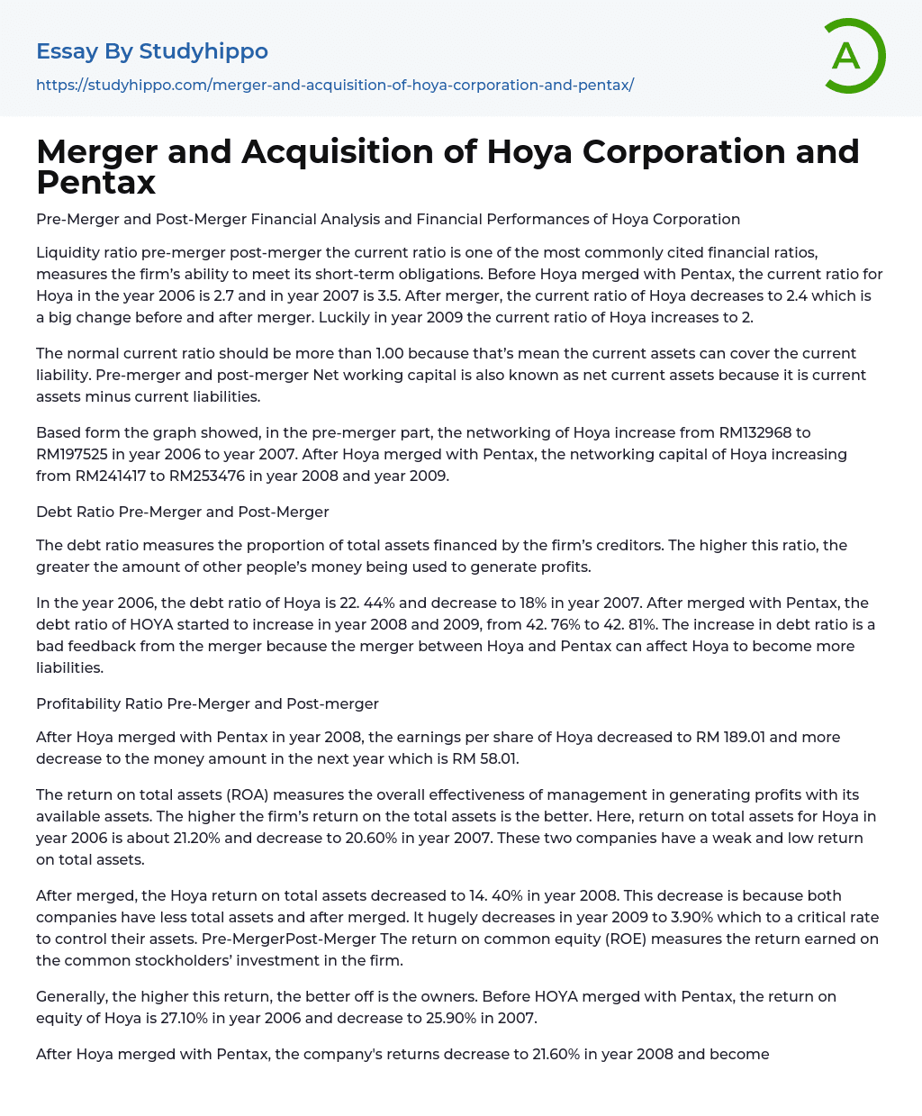 Merger and Acquisition of Hoya Corporation and Pentax Essay Example