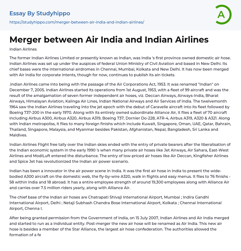 Merger between Air India and Indian Airlines Essay Example