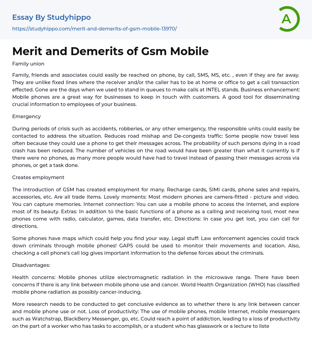Merit and Demerits of Gsm Mobile Essay Example
