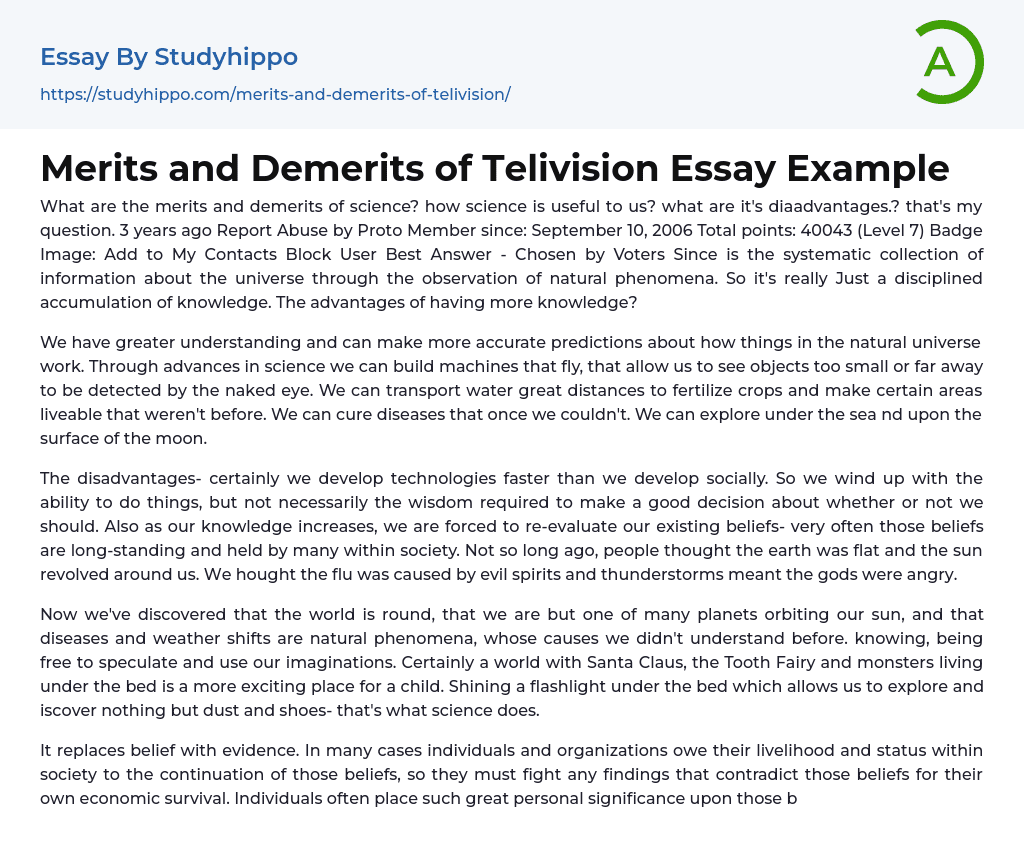 Merits and Demerits of Telivision Essay Example