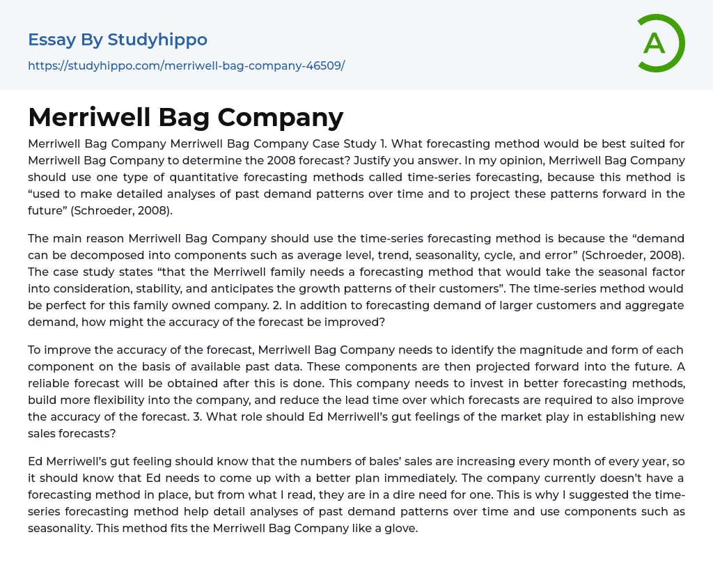 Merriwell Bag Company Essay Example