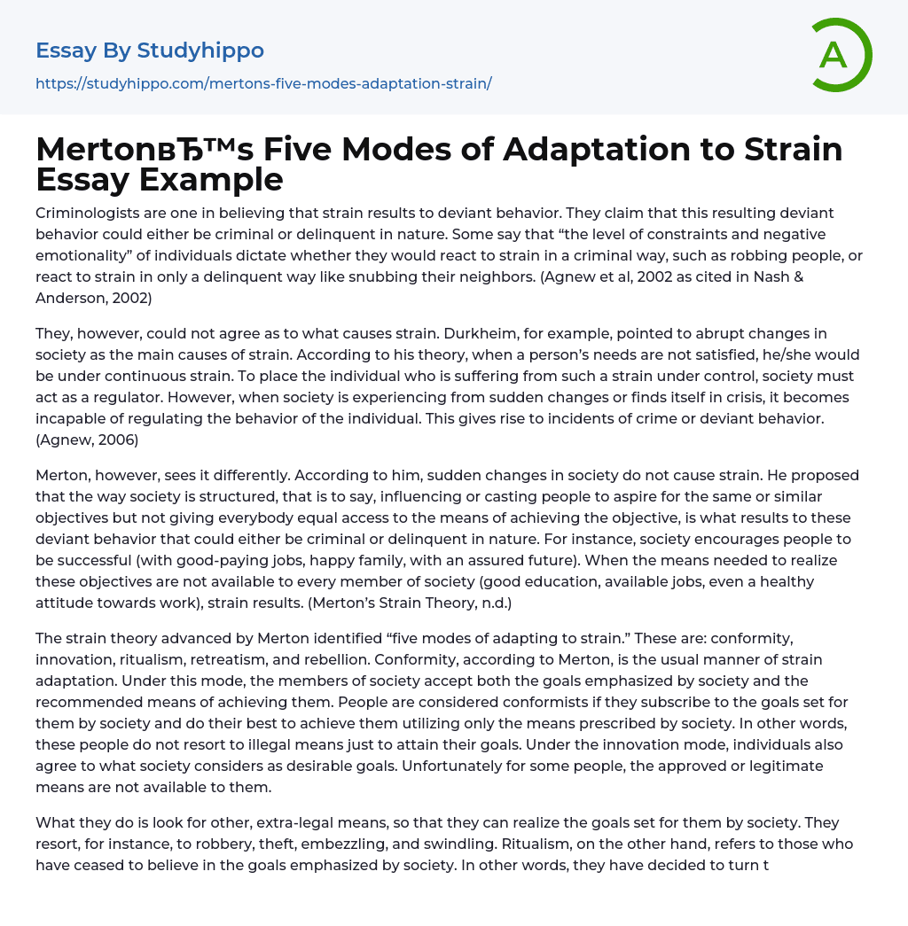 Merton’s Five Modes of Adaptation to Strain Essay Example