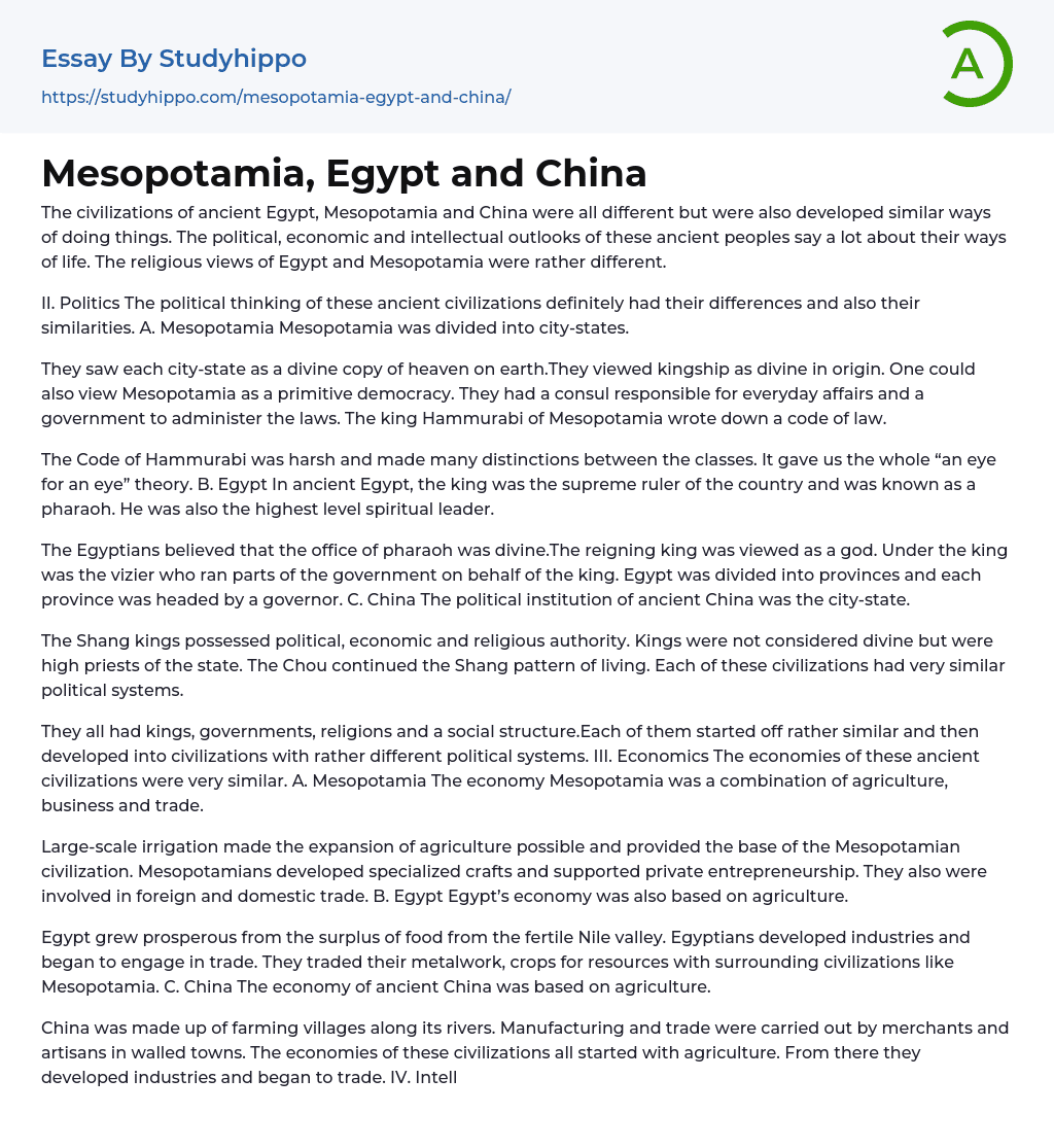 Mesopotamia, Egypt and China Essay Example
