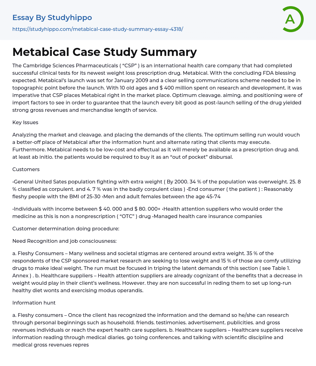 Metabical Case Study Summary Essay Example