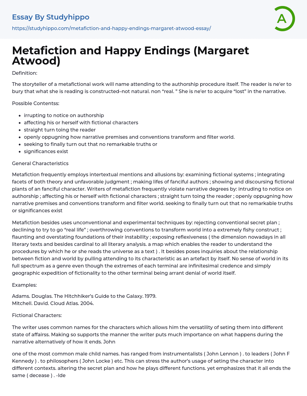 Metafiction and Happy Endings (Margaret Atwood) Essay Example