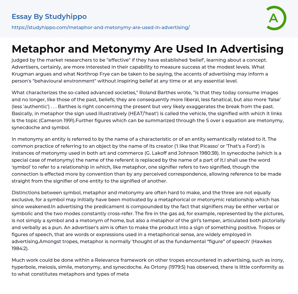 Metaphor and Metonymy Are Used In Advertising Essay Example