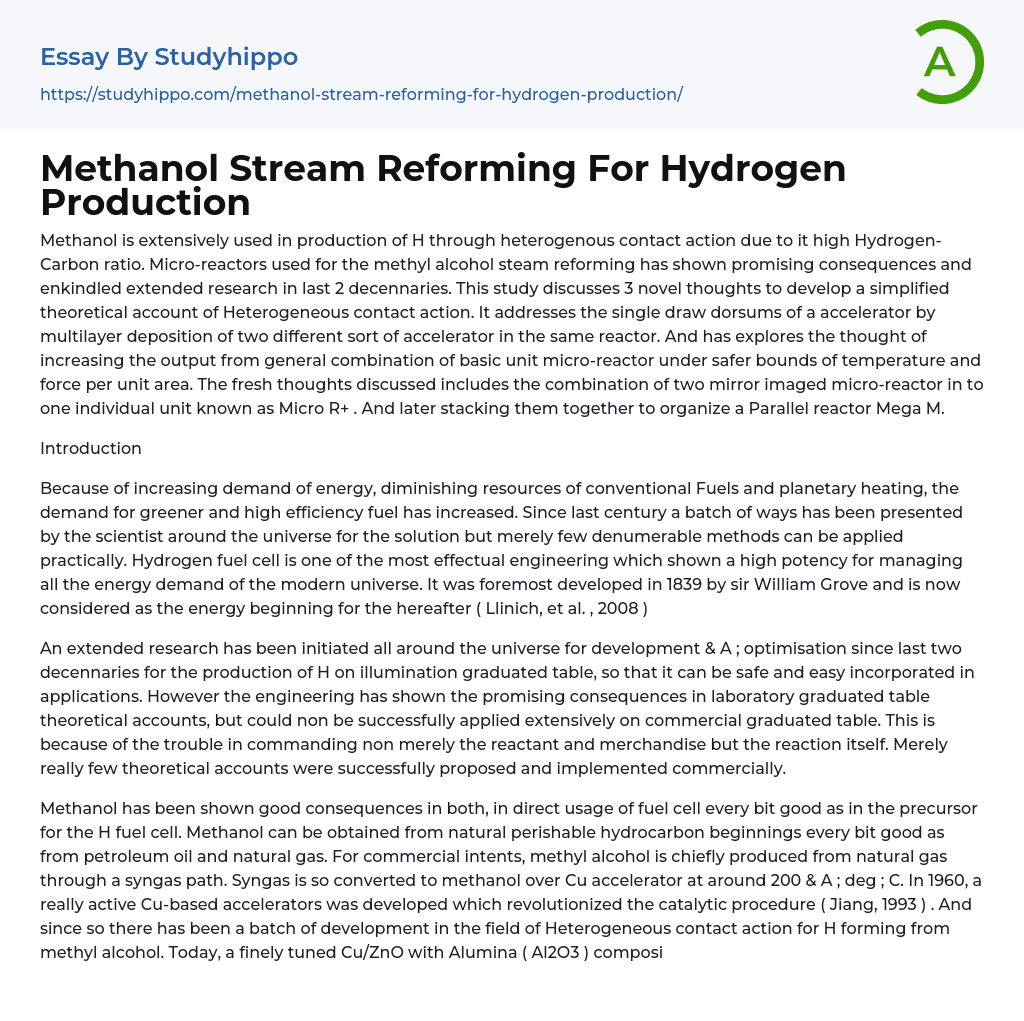 Methanol Stream Reforming For Hydrogen Production Essay Example