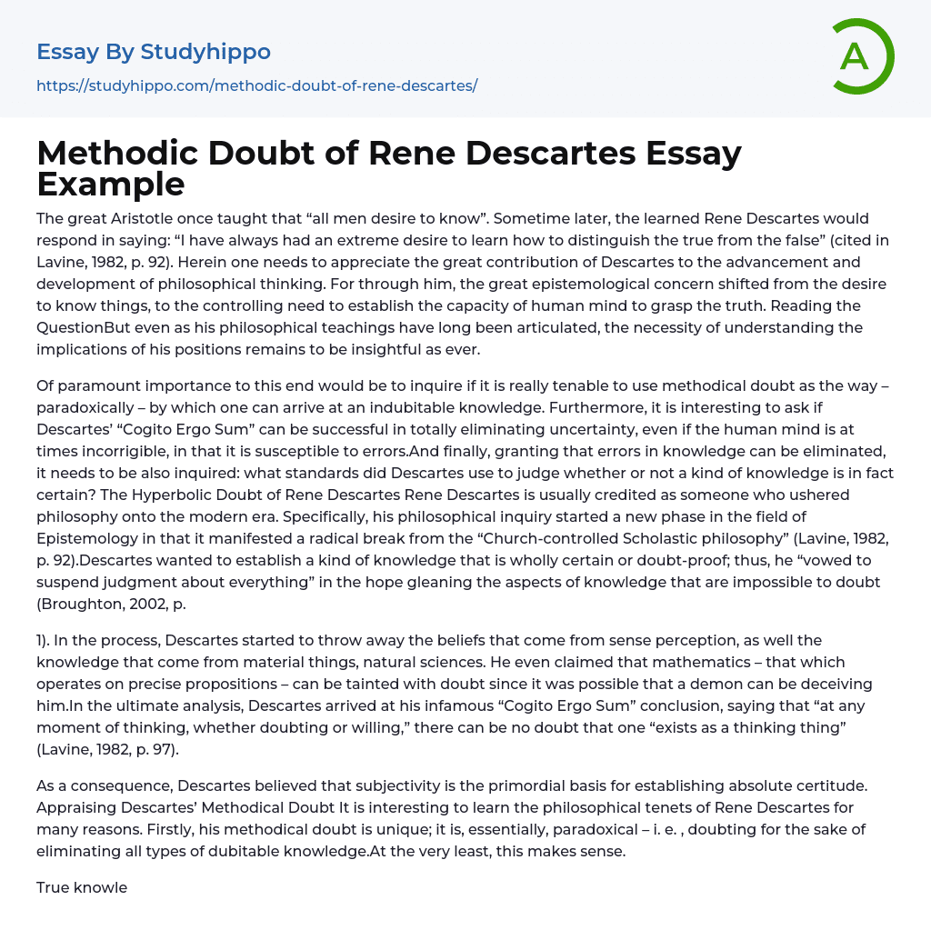 Methodic Doubt of Rene Descartes Essay Example