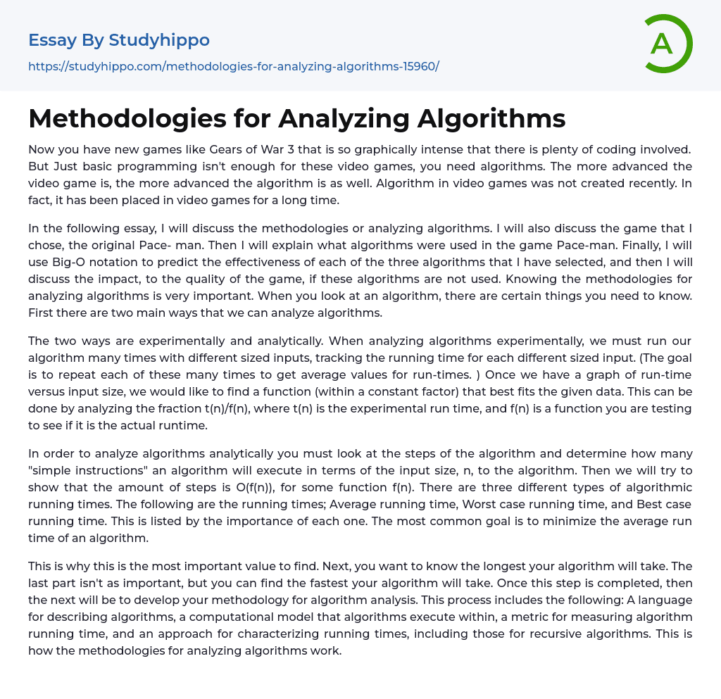 Methodologies for Analyzing Algorithms Essay Example
