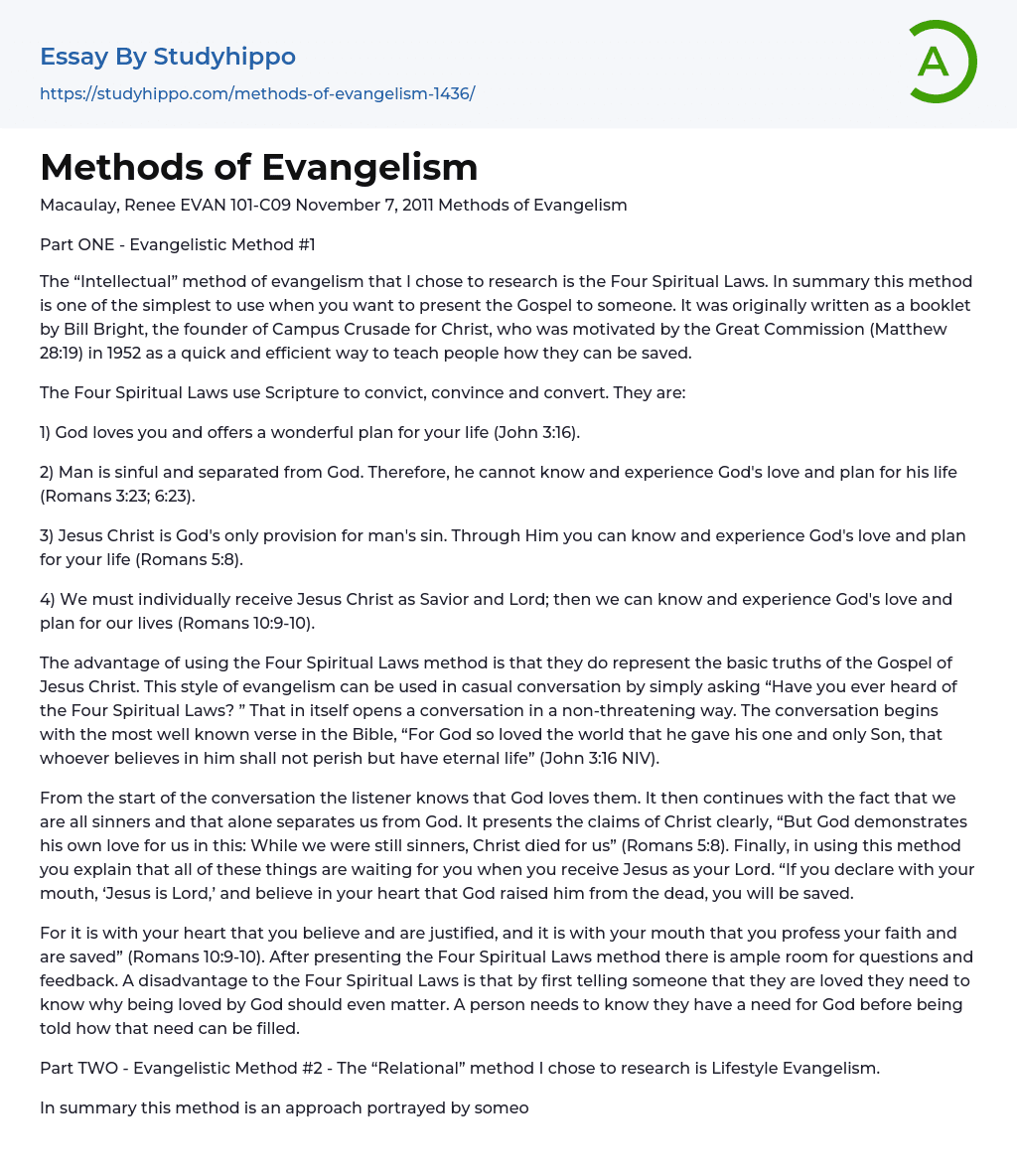 Methods of Evangelism Essay Example