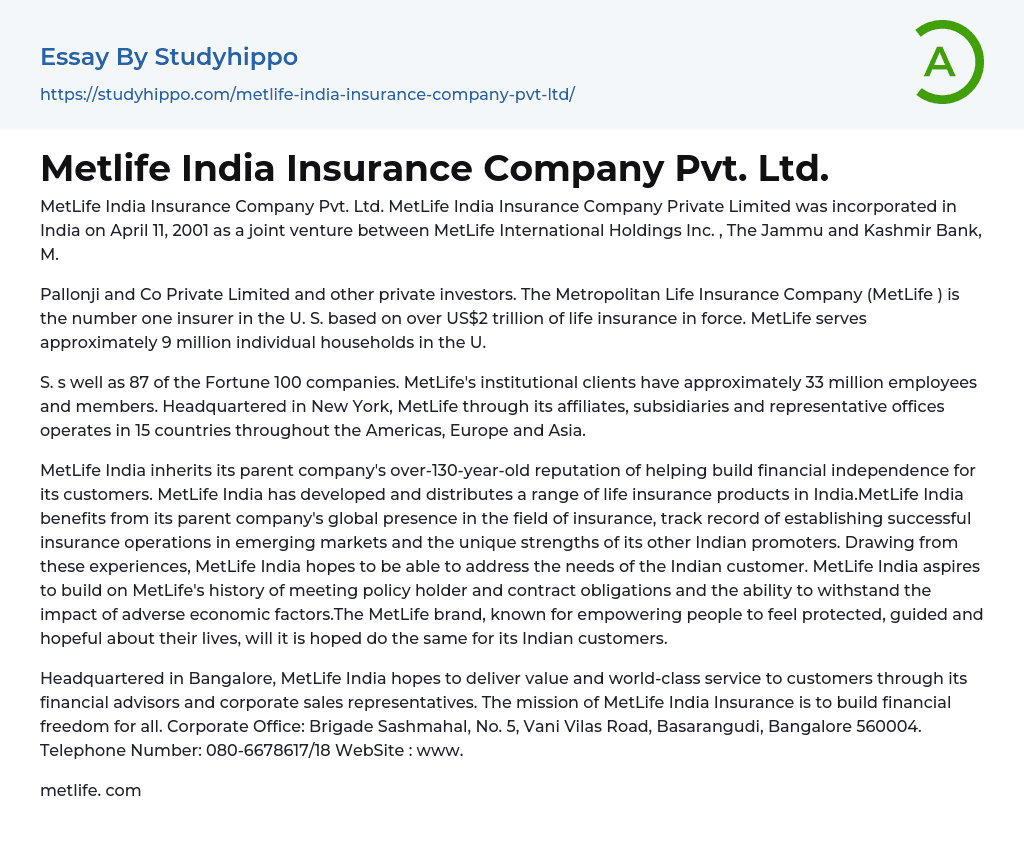 Metlife India Insurance Company Pvt. Ltd. Essay Example