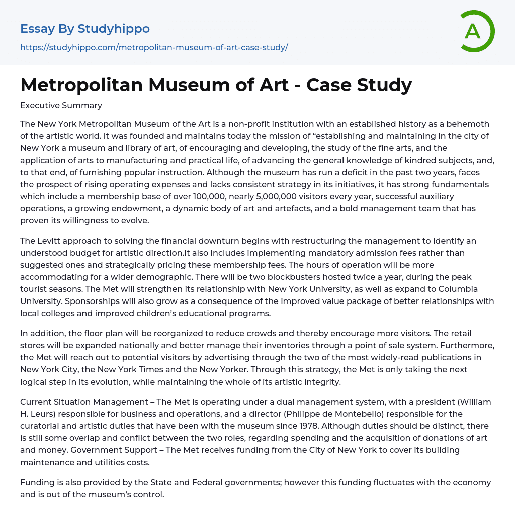 Metropolitan Museum of Art – Case Study Essay Example