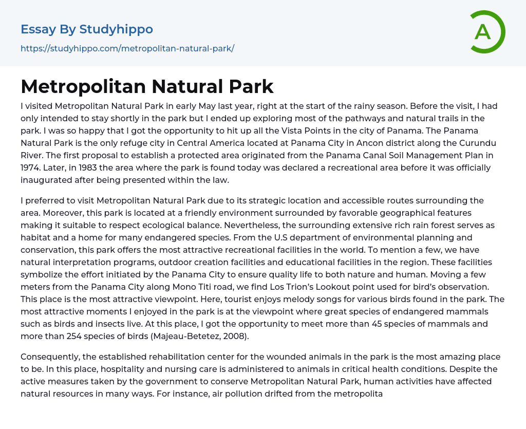 Metropolitan Natural Park Essay Example